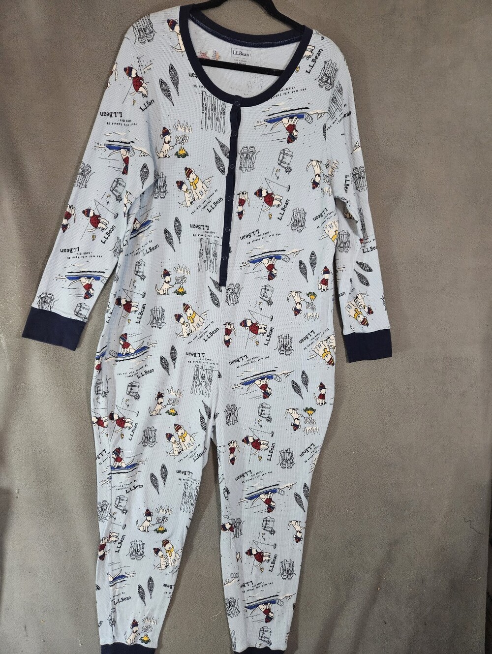 LL Bean Womens 2X Blue Waffle Knit Winter Buddy The Dog Print Union Suit Pajamas